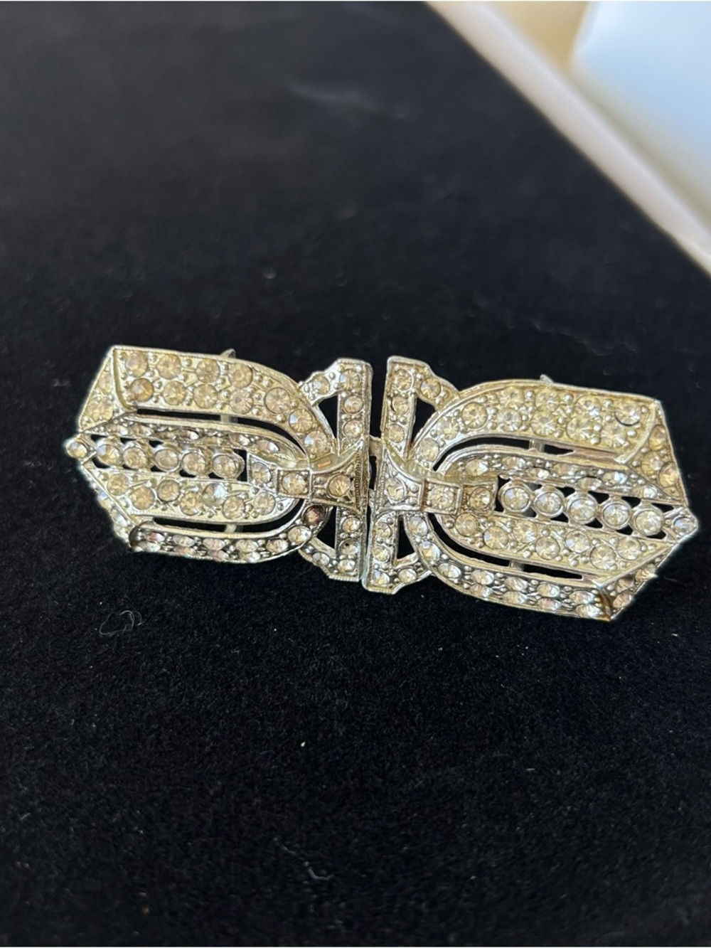 Art Deco style silver tone rhinestone double buckle brooch or belt buckle jewelr